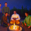 An Oil Painting of People Around a Campfire